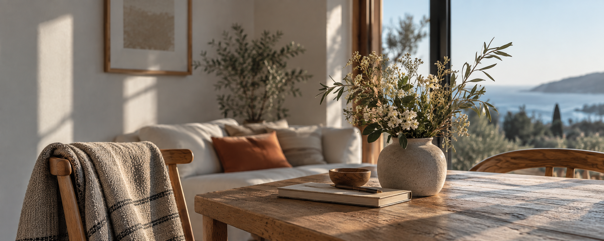 A calm sunlit room with a vase of flowers, books and a view toward the water