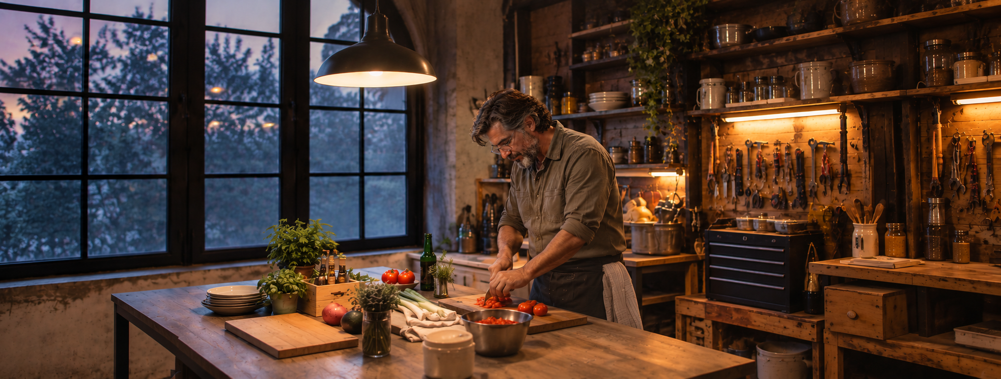 A man preparing dinner on a quiet Sunday evening
